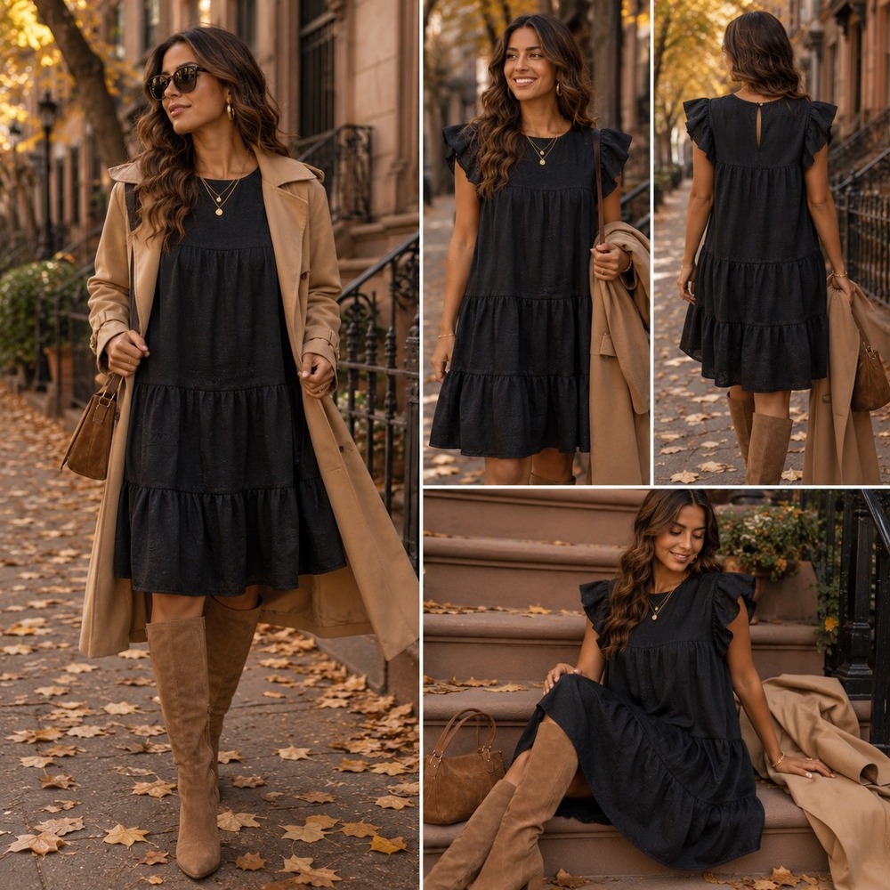 Altar'd State Black Tiered Babydoll Mini Dress Flutter Sleeve Textured Satin M